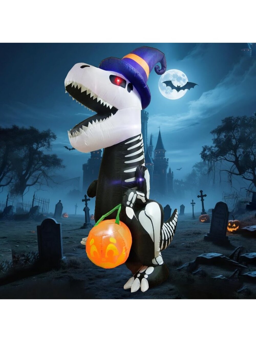 🎃8 FT Halloween Inflatable Skeleton Dinosaur With Pumpkin Built-in LEDs Decor
